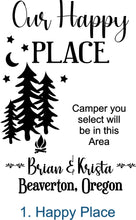 Load image into Gallery viewer, Camper Campsite garden Flag, Personalized bright Camping sign, Camp outdoor Decor, Gift outdoorsman traveler, Custom Decor rv trailer popup
