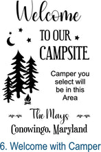 Load image into Gallery viewer, Camper Campsite garden Flag, Personalized bright Camping sign, Camp outdoor Decor, Gift outdoorsman traveler, Custom Decor rv trailer popup
