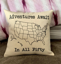 Load image into Gallery viewer, Adventures Await USA Map Travel pillow cover
