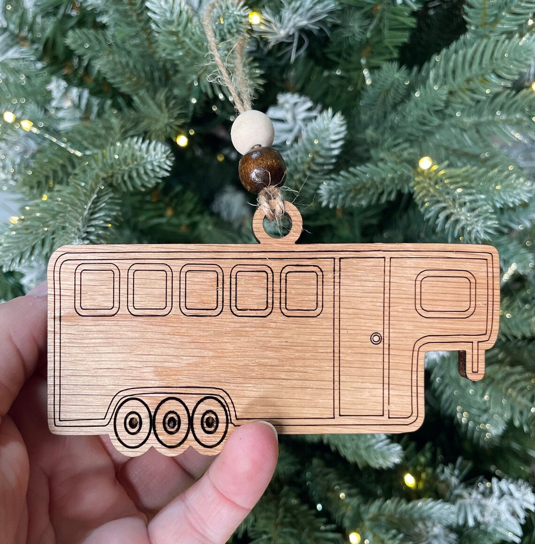 Wood Horse trailer holiday tree ornament