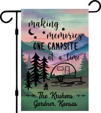 Load image into Gallery viewer, Camper Campsite garden Flag, Personalized bright Camping sign, Camp outdoor Decor, Gift outdoorsman traveler, Custom Decor rv trailer popup
