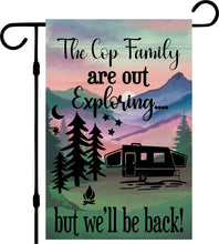 Load image into Gallery viewer, Camper Campsite garden Flag, Personalized bright Camping sign, Camp outdoor Decor, Gift outdoorsman traveler, Custom Decor rv trailer popup
