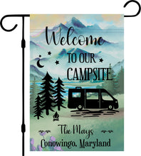 Load image into Gallery viewer, Camper Campsite garden Flag, Personalized bright Camping sign, Camp outdoor Decor, Gift outdoorsman traveler, Custom Decor rv trailer popup
