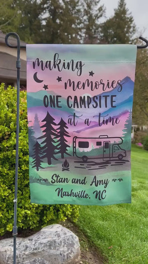 Camper Campsite garden Flag, Personalized bright Camping sign, Camp outdoor Decor, Gift outdoorsman traveler, Custom Decor rv trailer popup